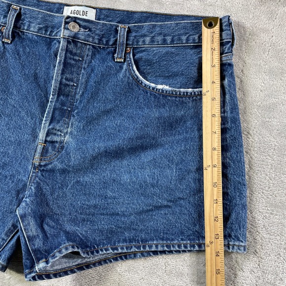 AGOLDE Parker Long Shorts Women 34 Blue 4" Denim Button Fly Beach Festival - Picture 5 of 11
